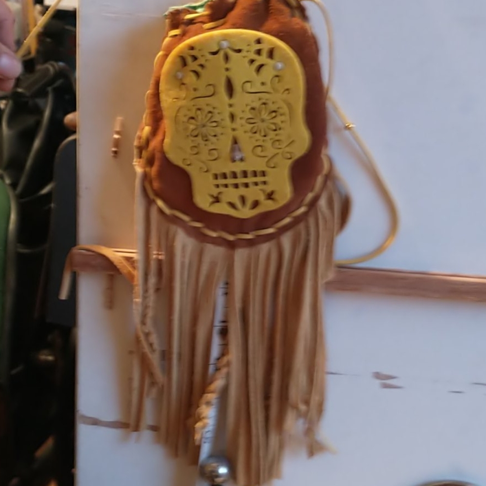 Buck skin fringed leather sugar skull pouch